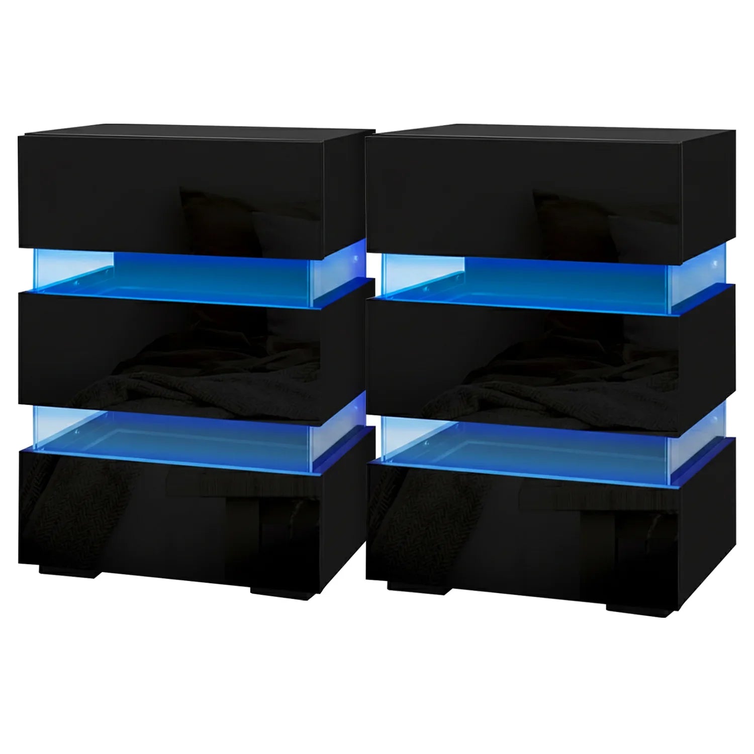 Pair of modern black LED nightstands with blue accent lighting and glossy finish